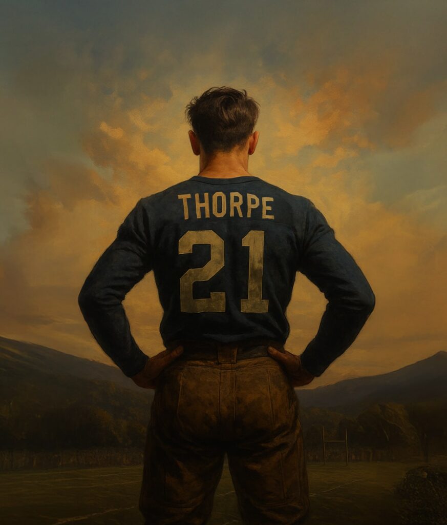 Man standing over a football field wearing a Thorpe jersey